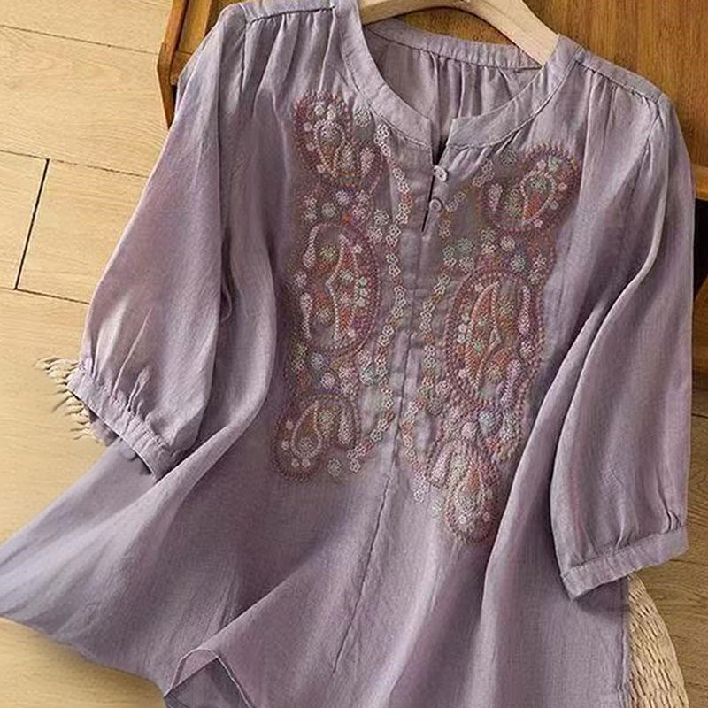 Nimara Ritual Casual Loose Embroidery Frog Button Half Sleeve Crew Neck Cotton Women's Shirt