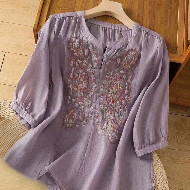 Nimara Ritual Casual Loose Embroidery Frog Button Half Sleeve Crew Neck Cotton Women's Shirt