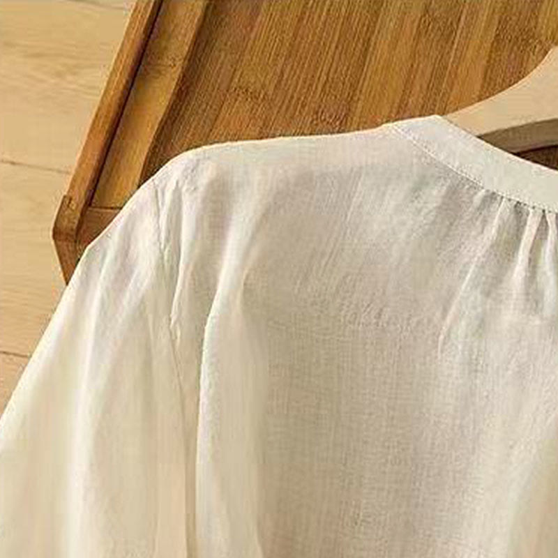 Nimara Ritual Casual Loose Embroidery Frog Button Half Sleeve Crew Neck Cotton Women's Shirt
