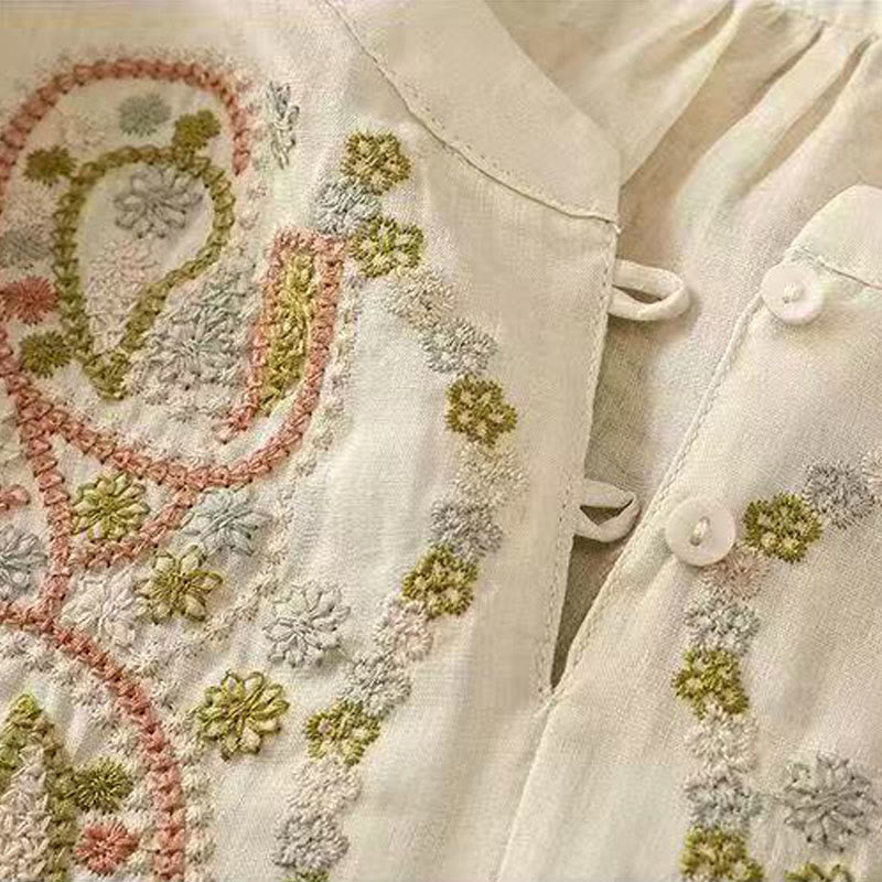 Nimara Ritual Casual Loose Embroidery Frog Button Half Sleeve Crew Neck Cotton Women's Shirt