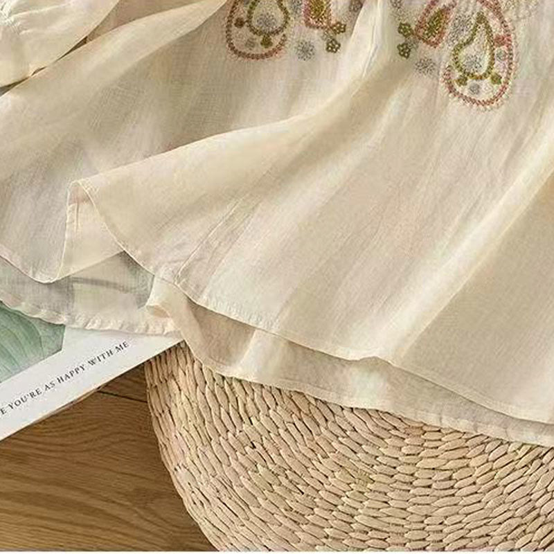 Nimara Ritual Casual Loose Embroidery Frog Button Half Sleeve Crew Neck Cotton Women's Shirt