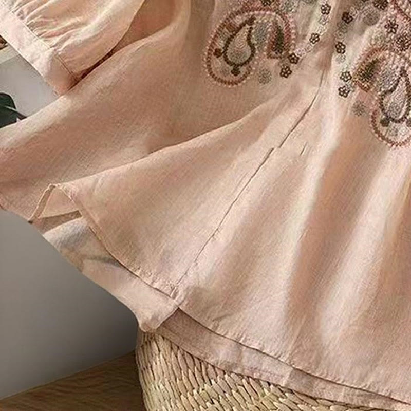 Nimara Ritual Casual Loose Embroidery Frog Button Half Sleeve Crew Neck Cotton Women's Shirt