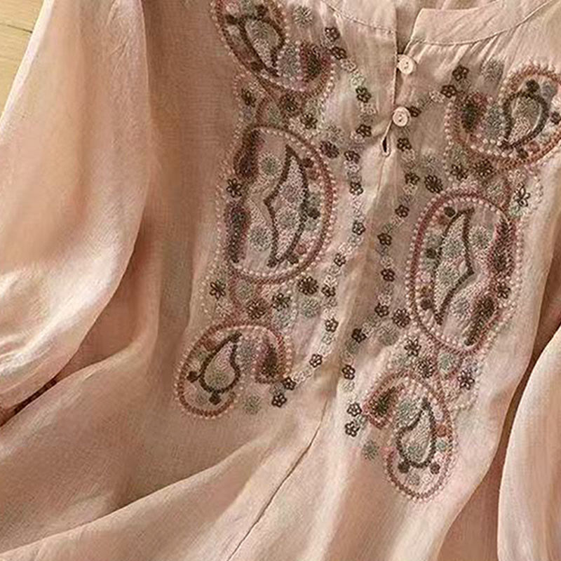 Nimara Ritual Casual Loose Embroidery Frog Button Half Sleeve Crew Neck Cotton Women's Shirt