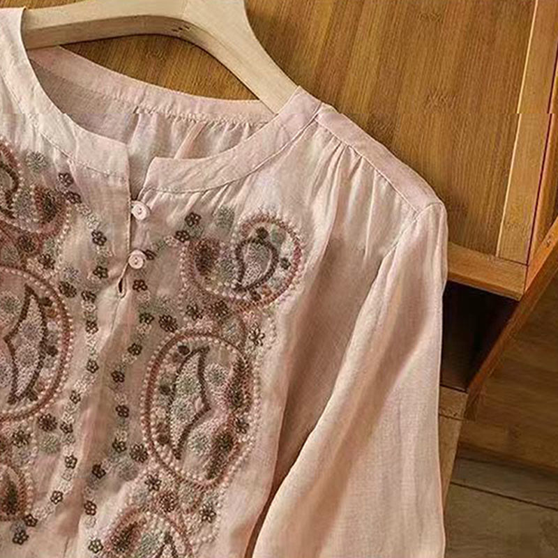 Nimara Ritual Casual Loose Embroidery Frog Button Half Sleeve Crew Neck Cotton Women's Shirt