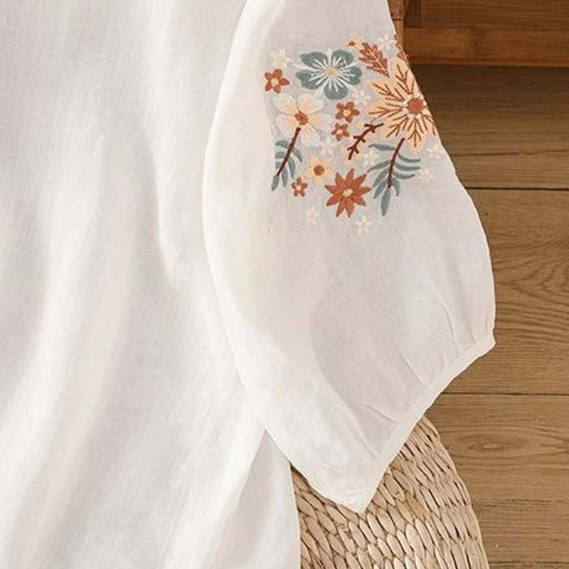 Nimara Ritual Casual Flower Leaf Embroidery Women's Crew Neck Design Three Quarter Sleeve T-shirt