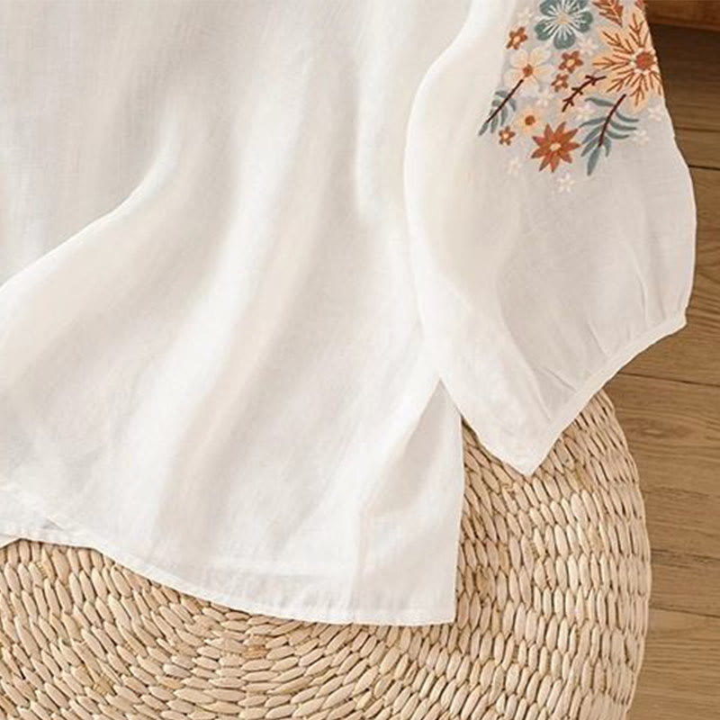 Nimara Ritual Casual Flower Leaf Embroidery Women's Crew Neck Design Three Quarter Sleeve T-shirt