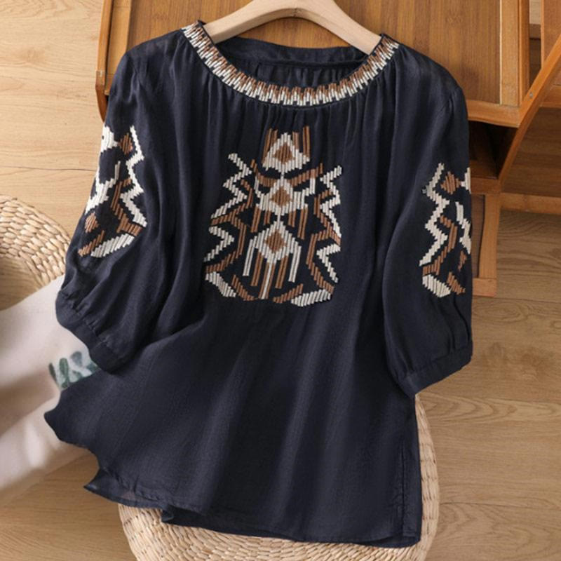Nimara Ritual Casual Symmetrical Embroidery Women's Crew Neck Design Half Sleeve Spandex T-shirt