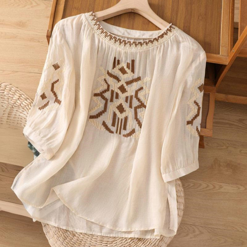 Nimara Ritual Casual Symmetrical Embroidery Women's Crew Neck Design Half Sleeve Spandex T-shirt