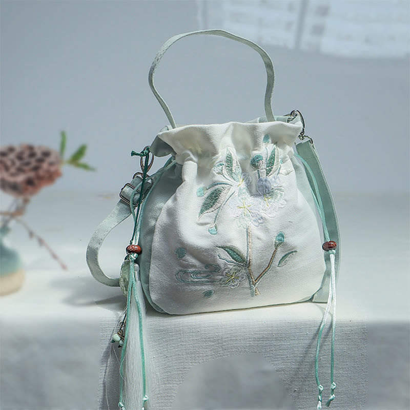 Nimara Ritual Embroidered Green Pear Blossom Canvas Tote Crossbody Bag Shoulder Bag Handbag