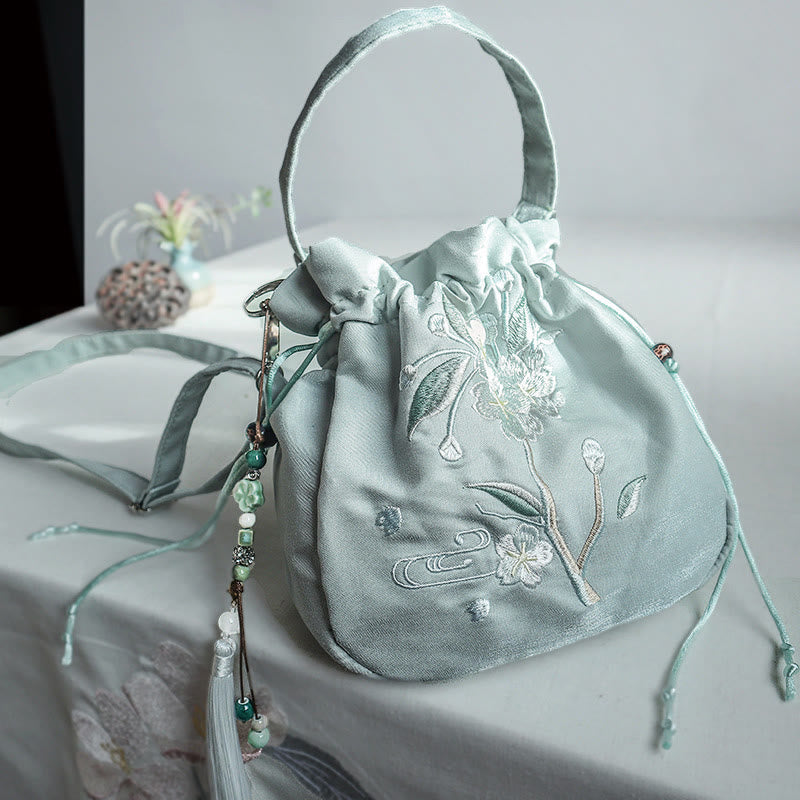Nimara Ritual Embroidered Green Flower Blossom Leaves Canvas Tote Crossbody Bag Shoulder Bag Handbag