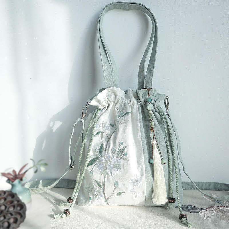 Nimara Ritual Embroidered Green Pear Blue Epiphyllum Canvas Tote Crossbody Bag Shoulder Bag Handbag