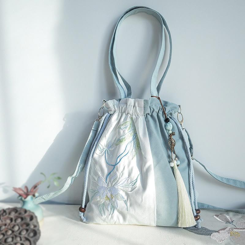 Nimara Ritual Embroidered Green Pear Blue Epiphyllum Canvas Tote Crossbody Bag Shoulder Bag Handbag