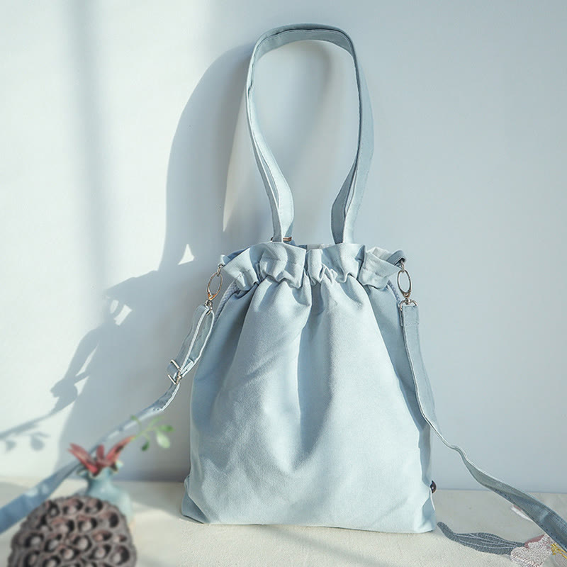 Nimara Ritual Embroidered Green Pear Blue Epiphyllum Canvas Tote Crossbody Bag Shoulder Bag Handbag