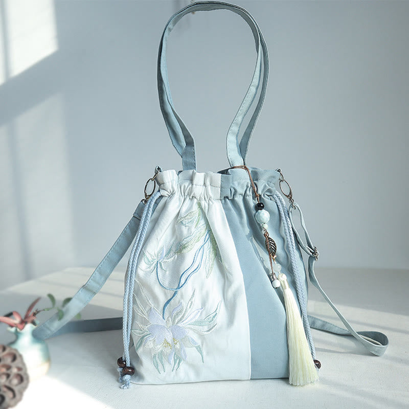 Nimara Ritual Embroidered Green Pear Blue Epiphyllum Canvas Tote Crossbody Bag Shoulder Bag Handbag