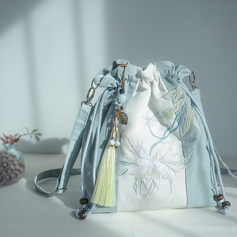 Nimara Ritual Embroidered Green Pear Blue Epiphyllum Canvas Tote Crossbody Bag Shoulder Bag Handbag