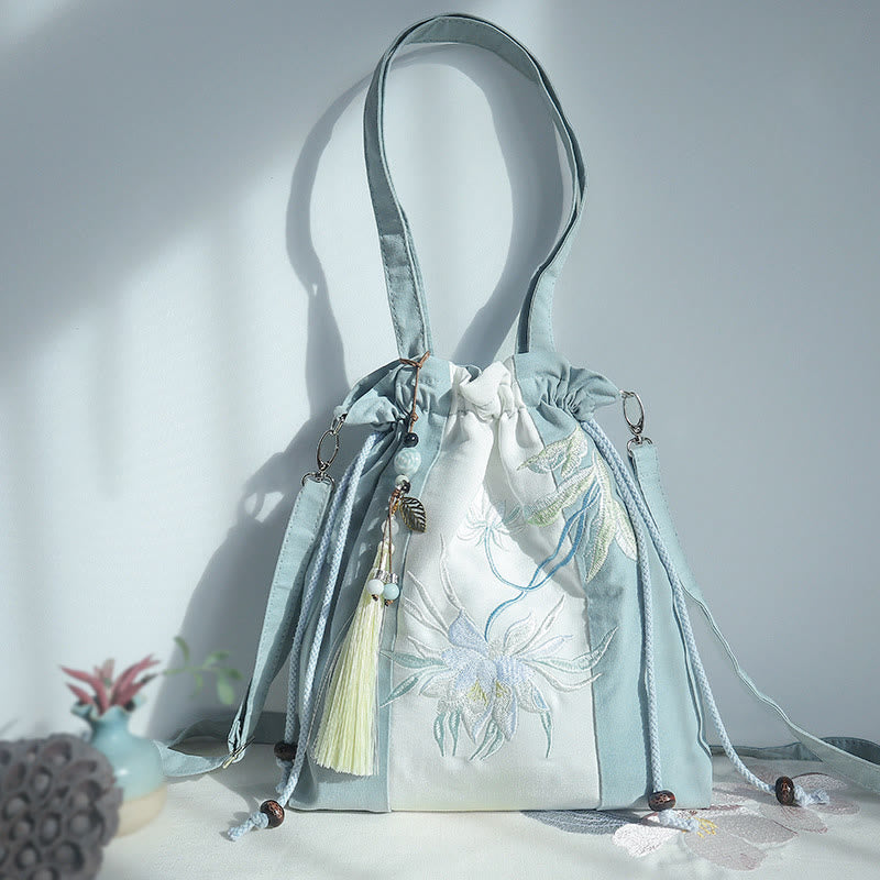 Nimara Ritual Embroidered Green Pear Blue Epiphyllum Canvas Tote Crossbody Bag Shoulder Bag Handbag