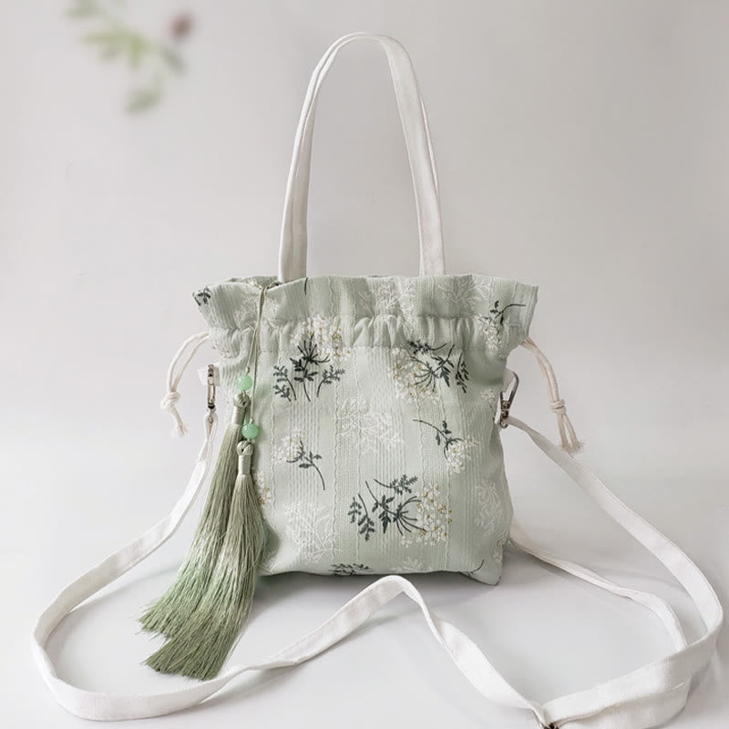 Nimara Ritual White Flowers Green Leaves Canvas Tote Crossbody Bag Shoulder Bag Handbag