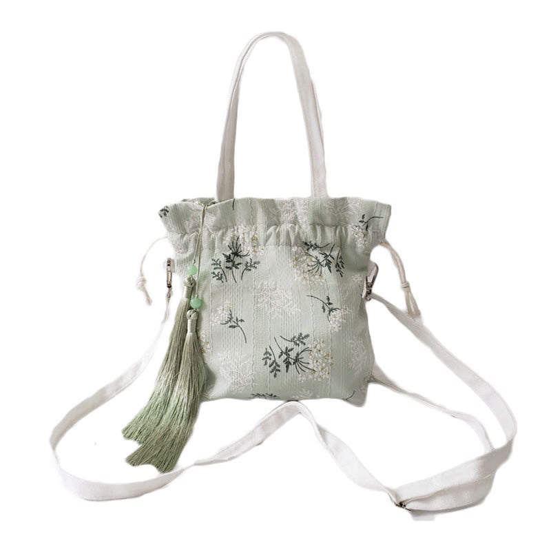 Nimara Ritual White Flowers Green Leaves Canvas Tote Crossbody Bag Shoulder Bag Handbag