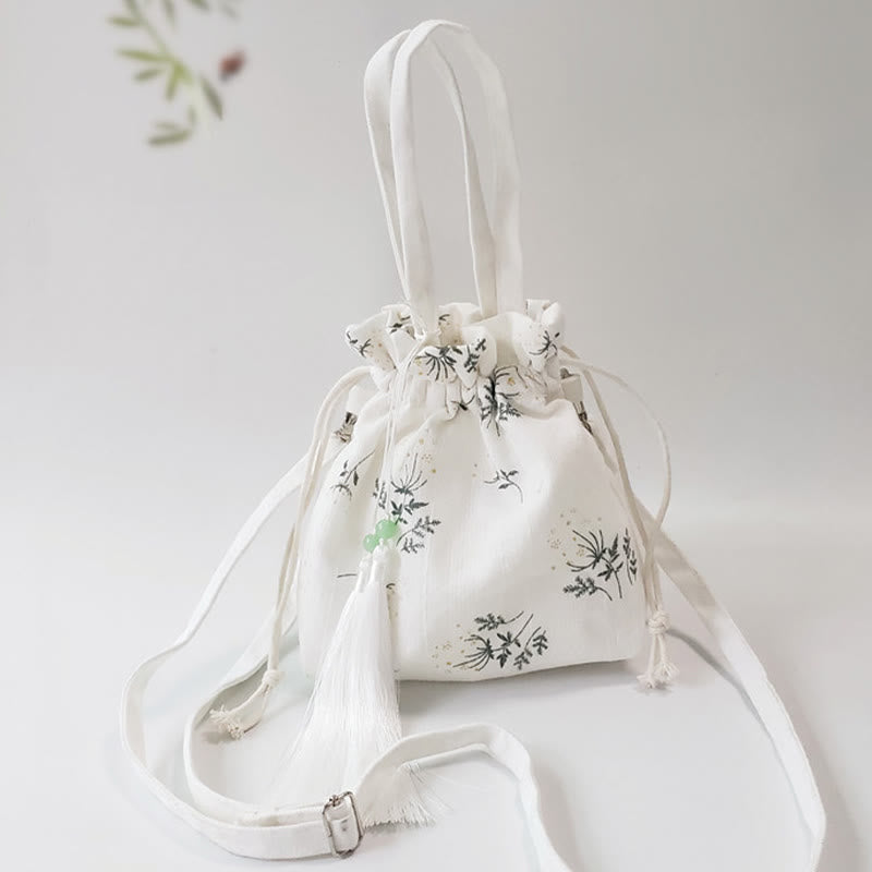 Nimara Ritual White Flowers Green Leaves Canvas Tote Crossbody Bag Shoulder Bag Handbag