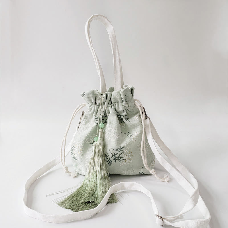 Nimara Ritual White Flowers Green Leaves Canvas Tote Crossbody Bag Shoulder Bag Handbag