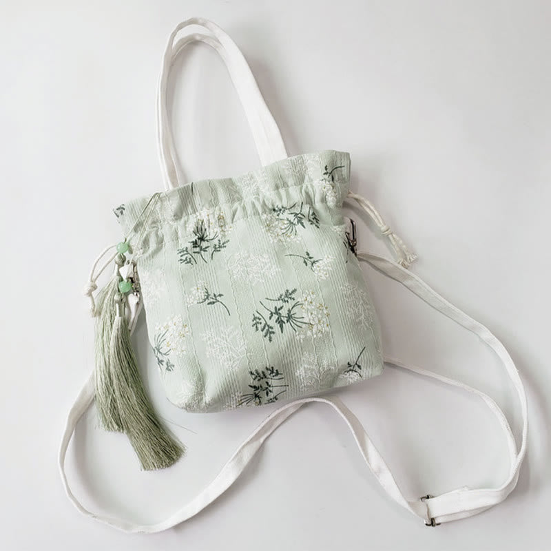 Nimara Ritual White Flowers Green Leaves Canvas Tote Crossbody Bag Shoulder Bag Handbag