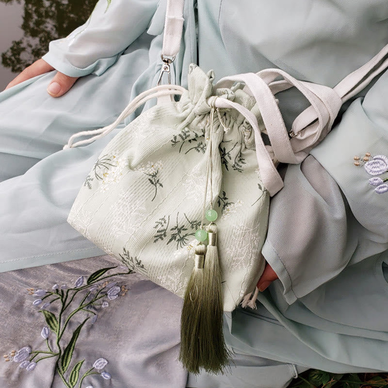 Nimara Ritual White Flowers Green Leaves Canvas Tote Crossbody Bag Shoulder Bag Handbag