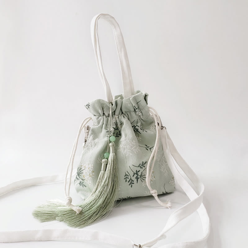 Nimara Ritual White Flowers Green Leaves Canvas Tote Crossbody Bag Shoulder Bag Handbag