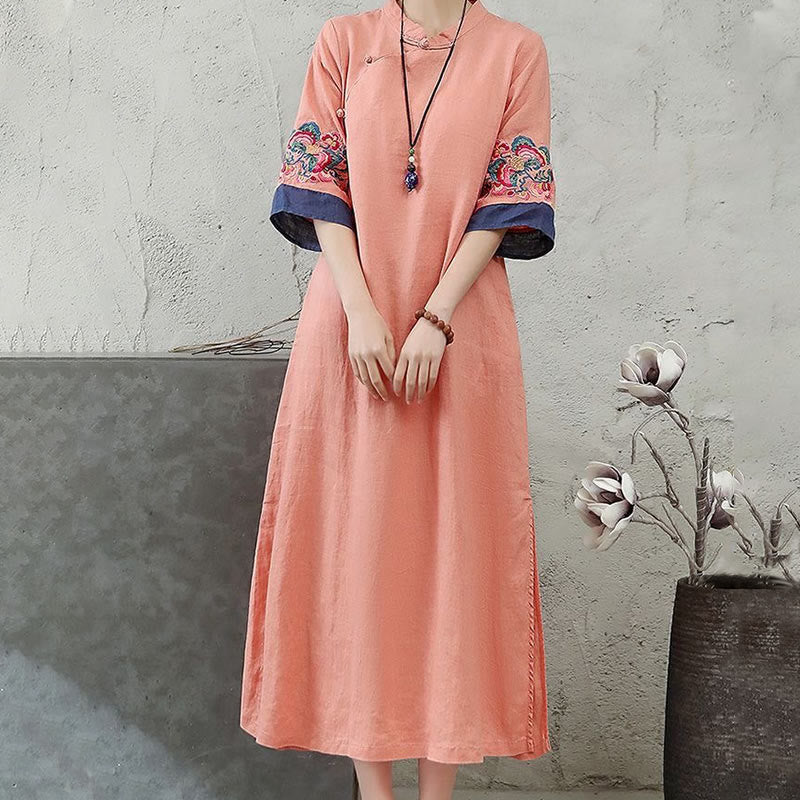 Nimara Ritual Embroidery Frog-Button Half Sleeve Women's Midi Dress