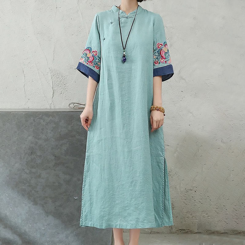 Nimara Ritual Embroidery Frog-Button Half Sleeve Women's Midi Dress