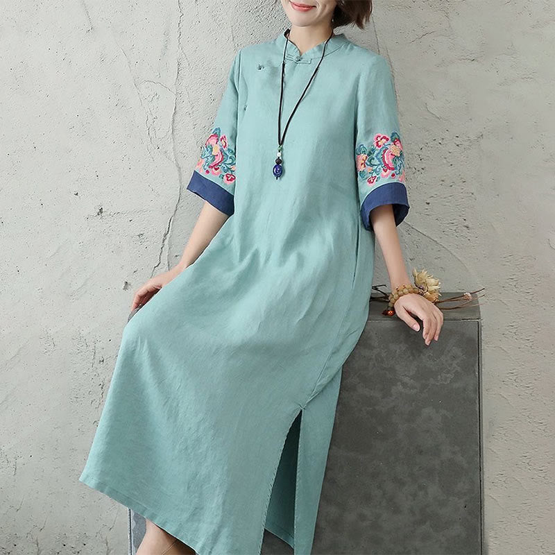 Nimara Ritual Embroidery Frog-Button Half Sleeve Women's Midi Dress