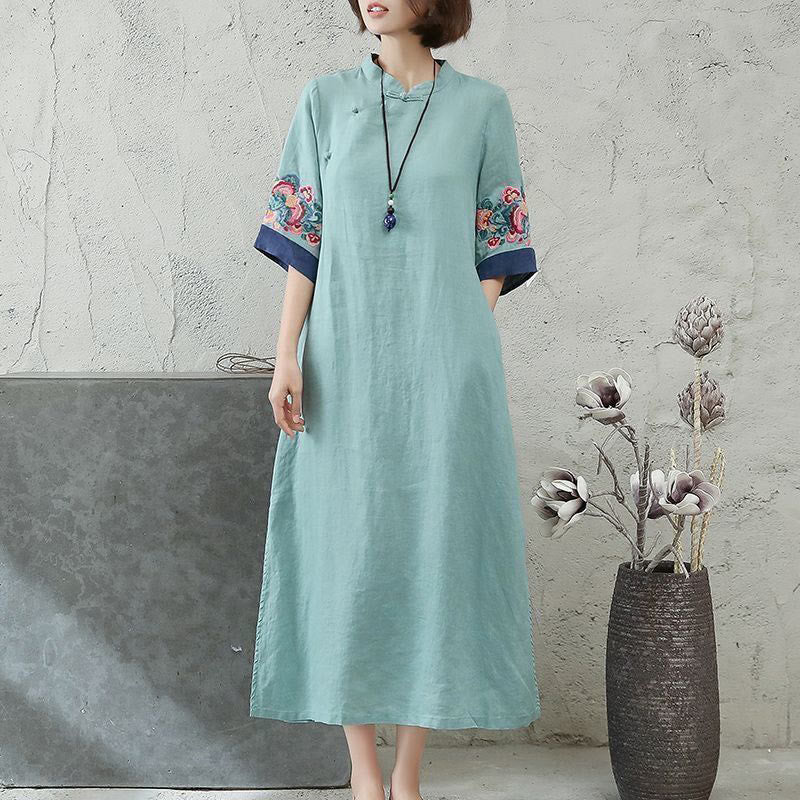 Nimara Ritual Embroidery Frog-Button Half Sleeve Women's Midi Dress