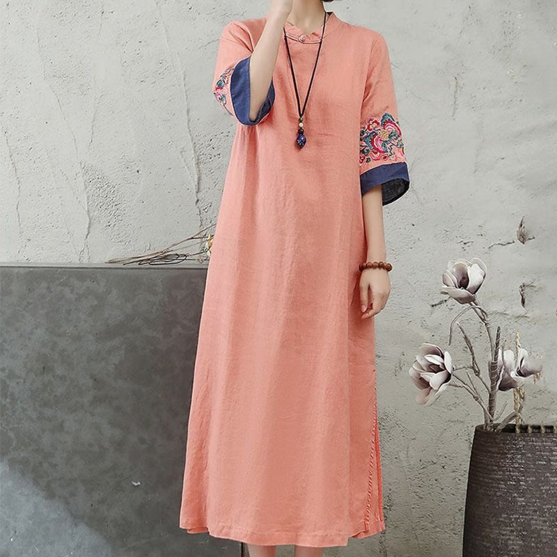 Nimara Ritual Embroidery Frog-Button Half Sleeve Women's Midi Dress