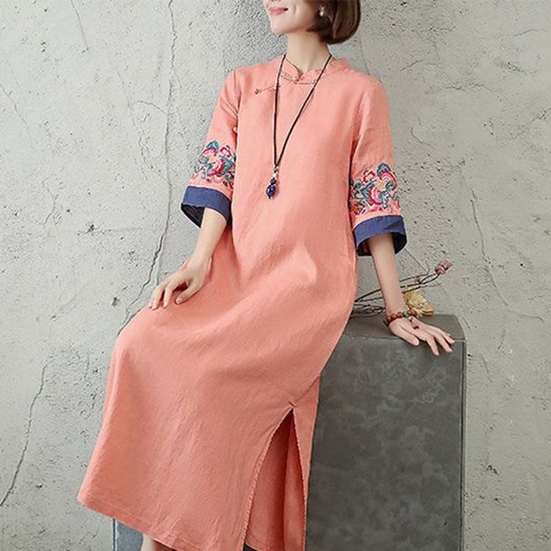 Nimara Ritual Embroidery Frog-Button Half Sleeve Women's Midi Dress