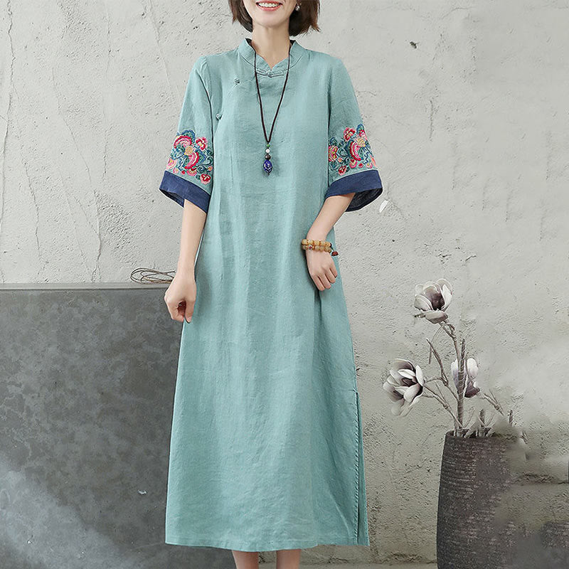 Nimara Ritual Embroidery Frog-Button Half Sleeve Women's Midi Dress