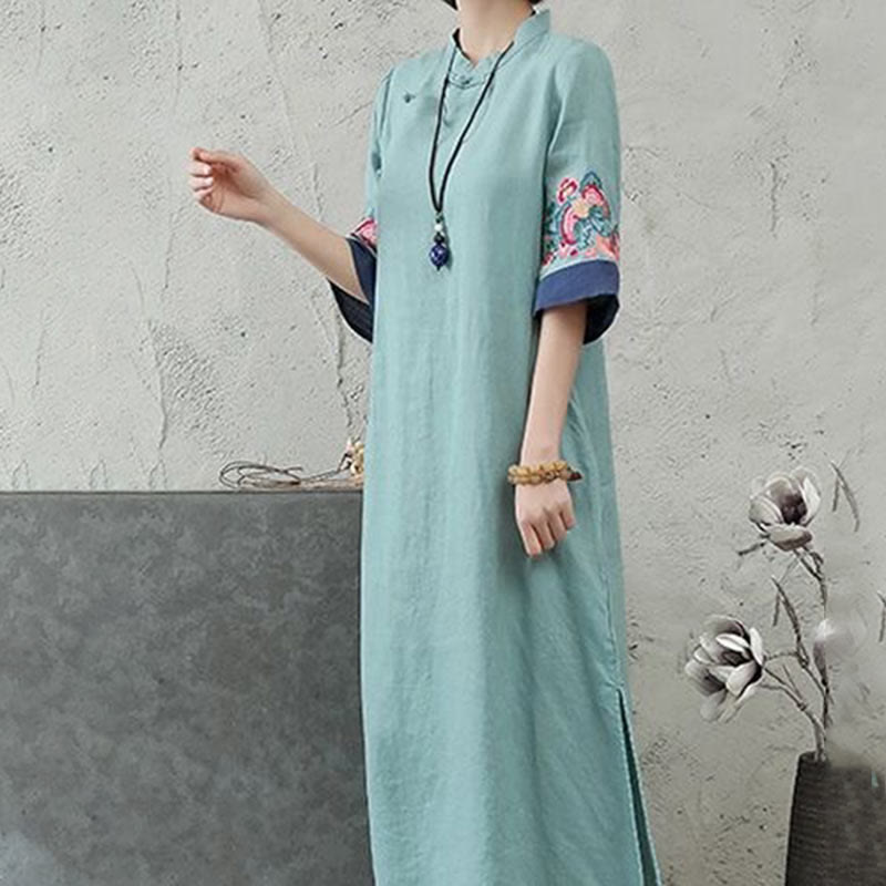 Nimara Ritual Embroidery Frog-Button Half Sleeve Women's Midi Dress
