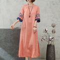 Nimara Ritual Embroidery Frog-Button Half Sleeve Women's Midi Dress