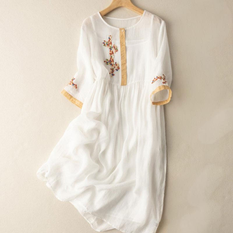 Nimara Ritual Spring Ethnic Embroidery Half Sleeve Women's Midi Dress