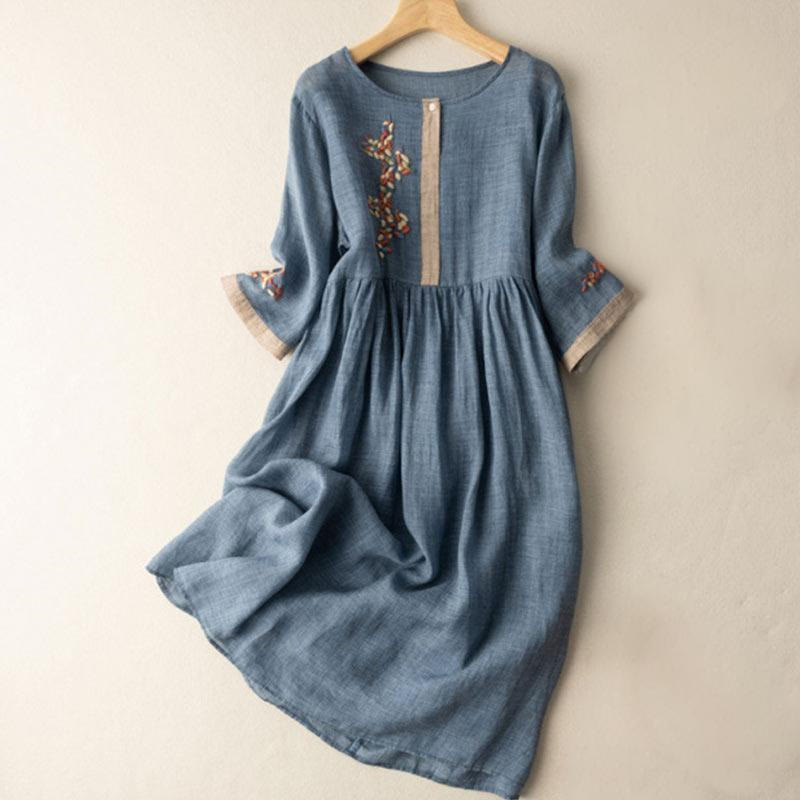 Nimara Ritual Spring Ethnic Embroidery Half Sleeve Women's Midi Dress
