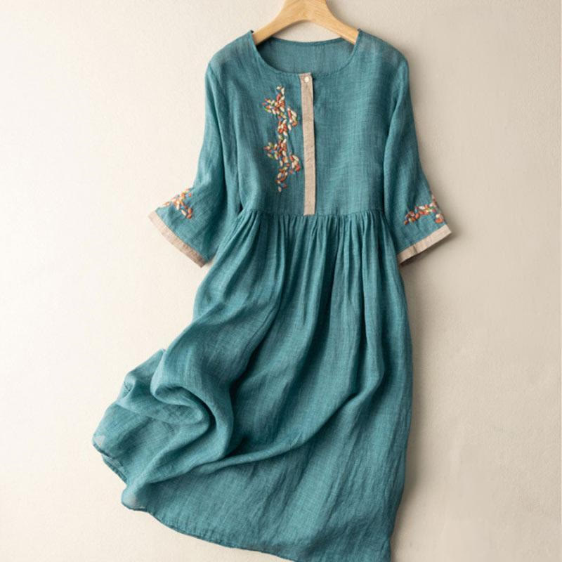 Nimara Ritual Spring Ethnic Embroidery Half Sleeve Women's Midi Dress