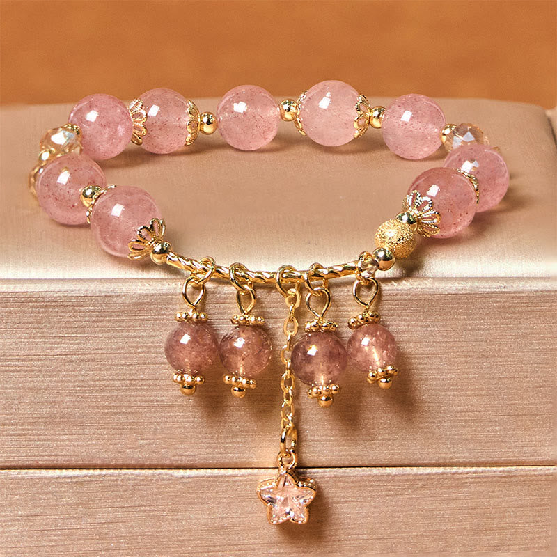 Nimara Ritual Natural Strawberry Quartz Four Leaf Clover Star Positive Bracelet