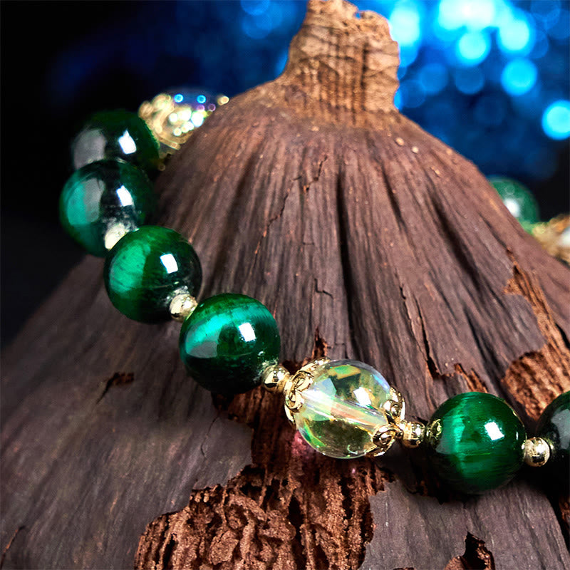 Nimara Ritual Natural Green Tiger Eye Beads Green Leaf Positive Bracelet