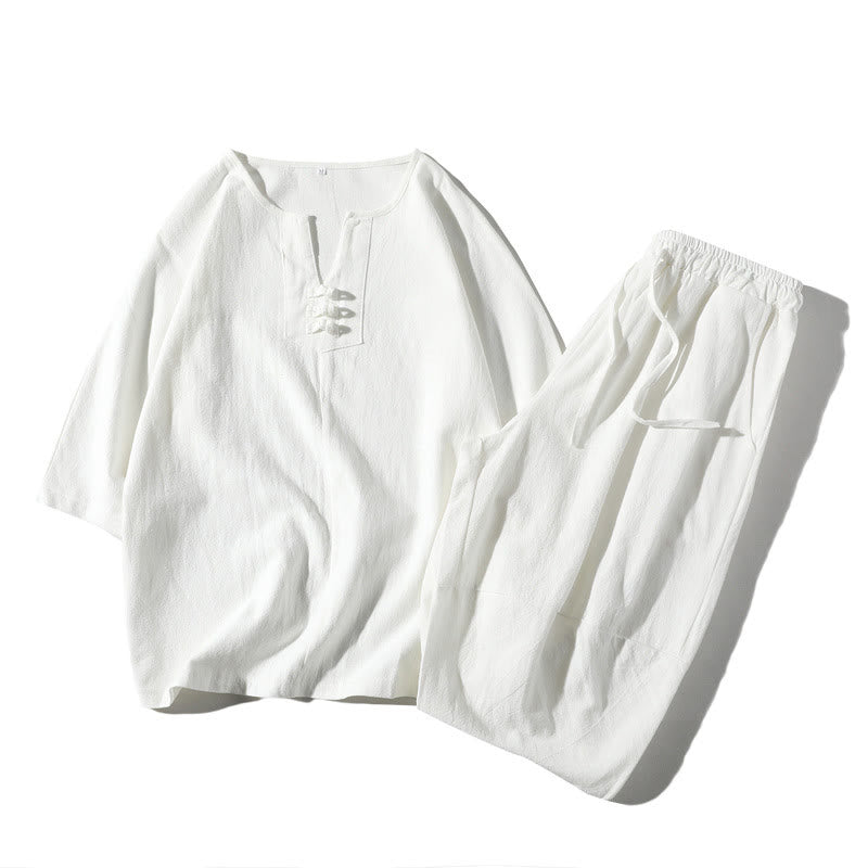 Nimara Ritual 2Pcs Plain Notched Collar T-Shirt Wide Leg Shorts With Pockets Men's Meditation Cloth Set