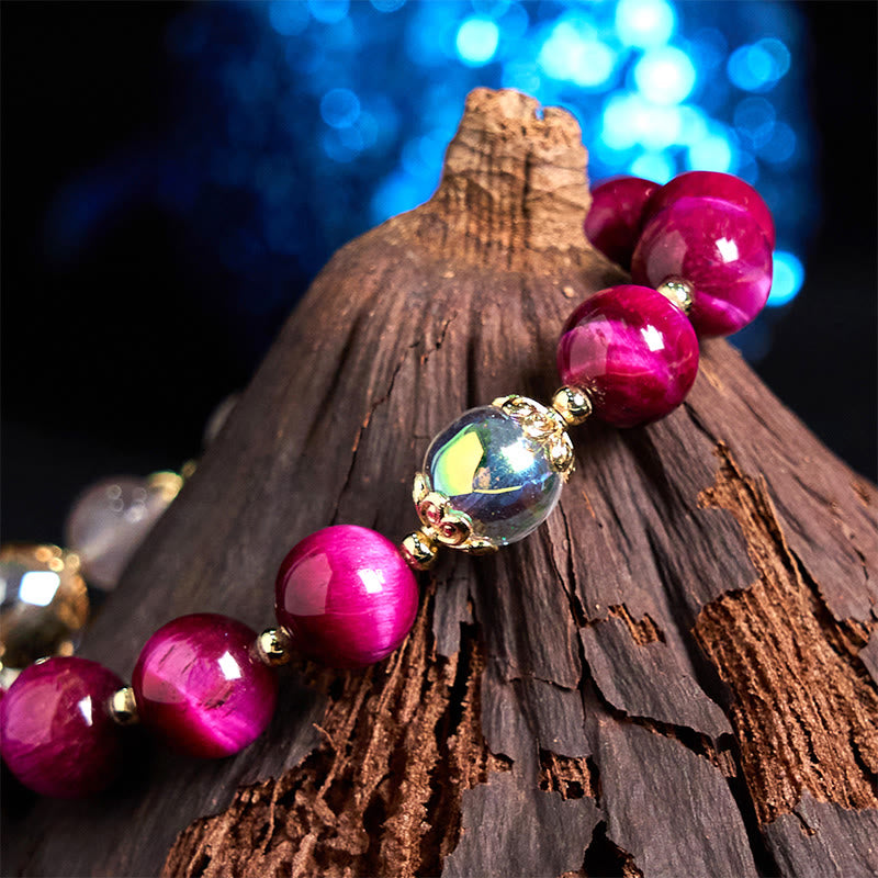 Nimara Ritual Natural Red Tiger Eye Purple Tiger Eye Beads Green Leaf Protection Bracelet