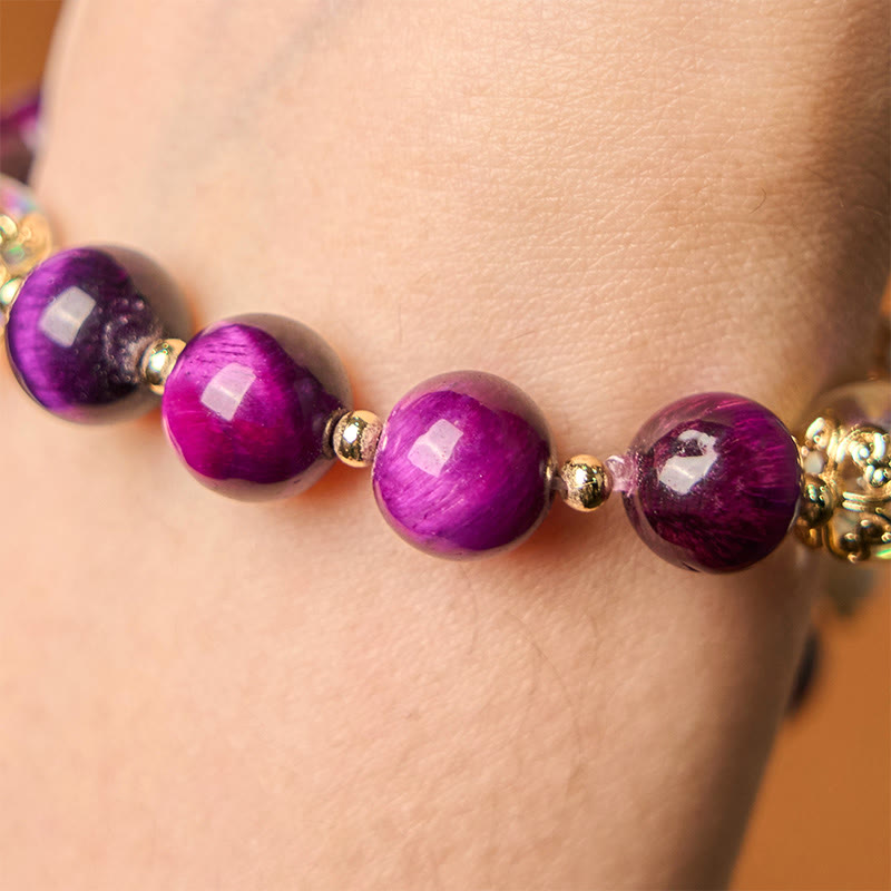 Nimara Ritual Natural Red Tiger Eye Purple Tiger Eye Beads Green Leaf Protection Bracelet