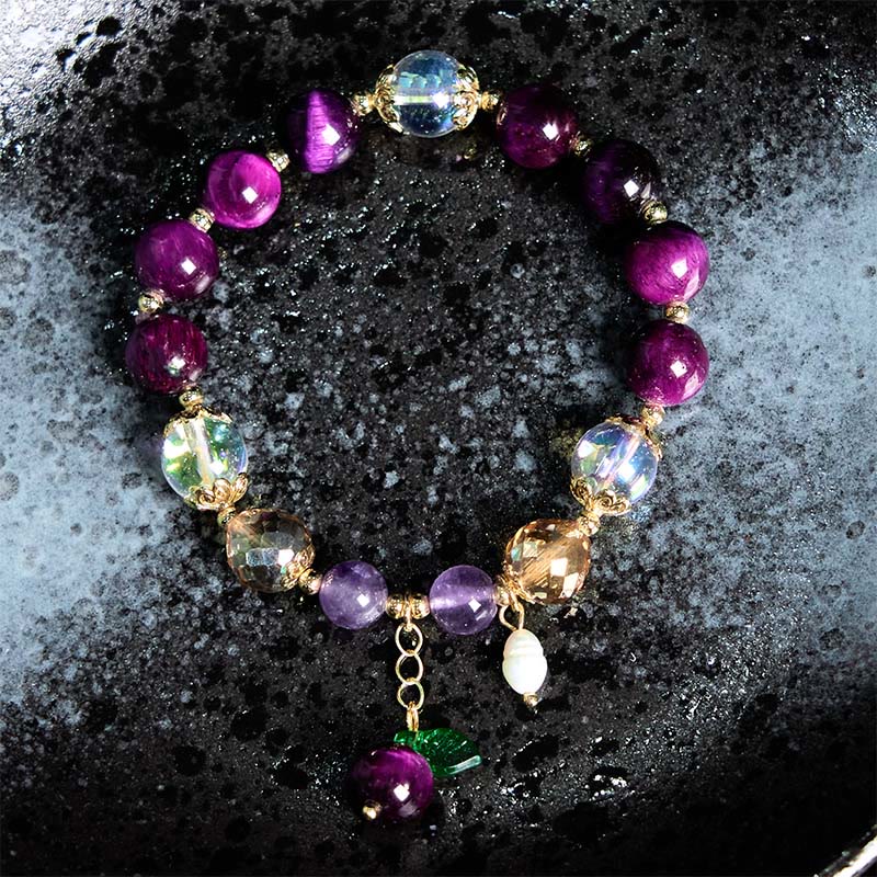 Nimara Ritual Natural Red Tiger Eye Purple Tiger Eye Beads Green Leaf Protection Bracelet
