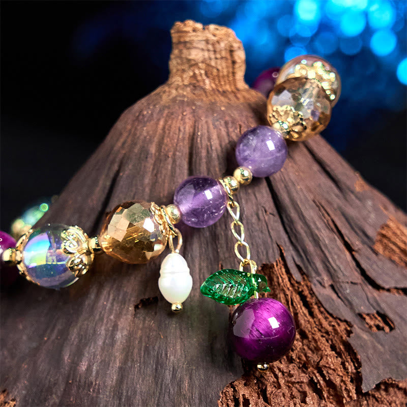 Nimara Ritual Natural Red Tiger Eye Purple Tiger Eye Beads Green Leaf Protection Bracelet