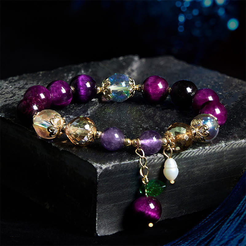 Nimara Ritual Natural Red Tiger Eye Purple Tiger Eye Beads Green Leaf Protection Bracelet