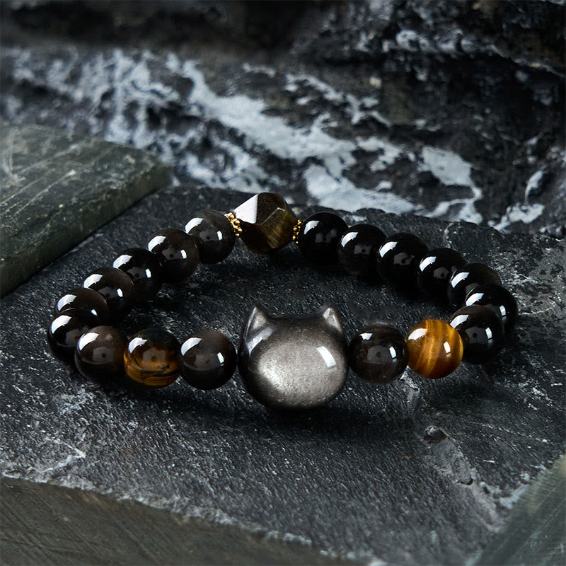 Nimara Ritual Natural Silver Sheen Obsidian Beads Cute Cat Soothing Bracelet