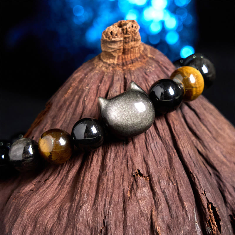 Nimara Ritual Natural Silver Sheen Obsidian Beads Cute Cat Soothing Bracelet