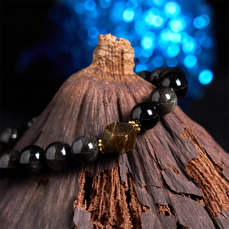 Nimara Ritual Natural Silver Sheen Obsidian Beads Cute Cat Soothing Bracelet